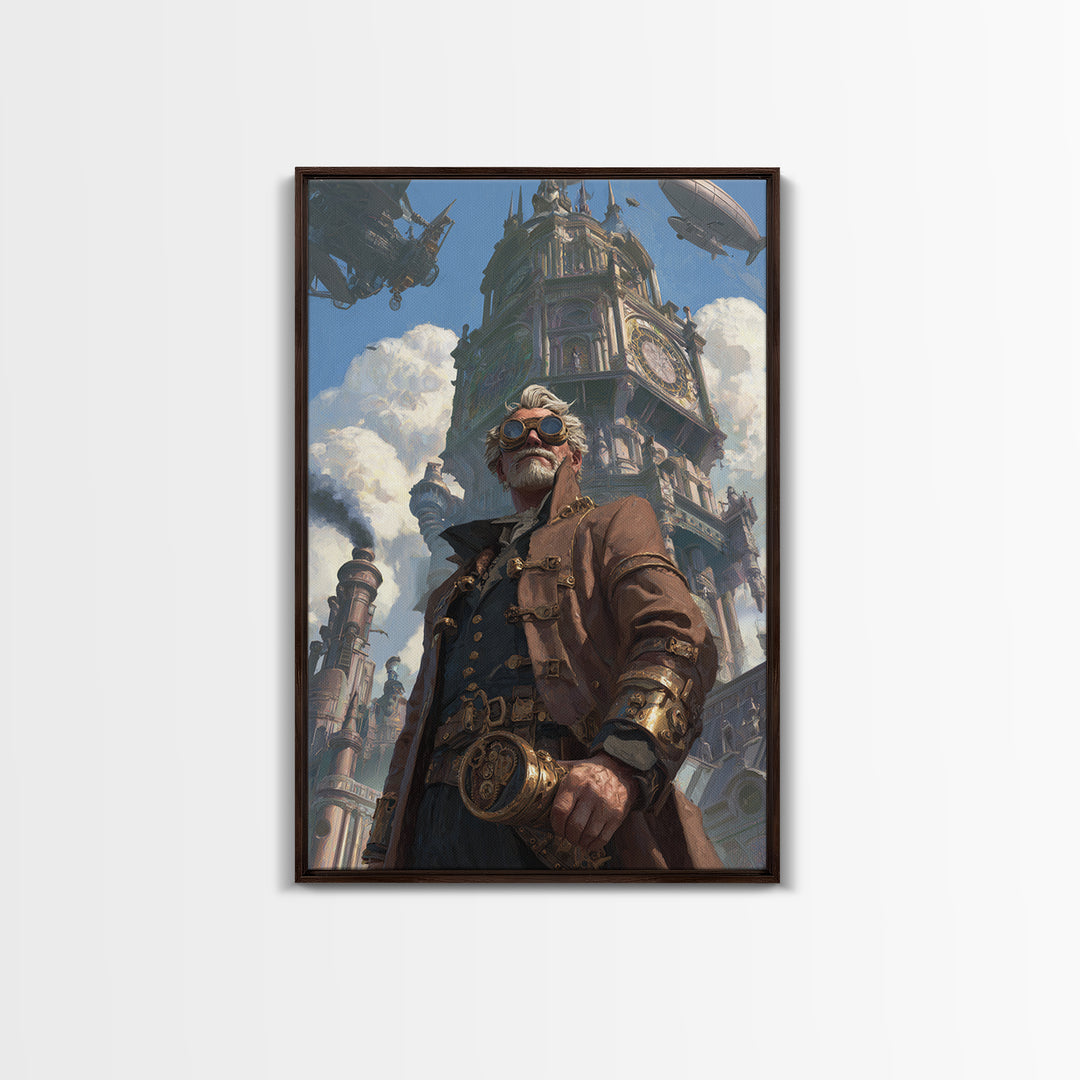 Steampunk Explorer In Futuristic City Wall Art, Airship Fantasy Art Print, Industrial Decor, Statement Office Art, Living Room Decor
