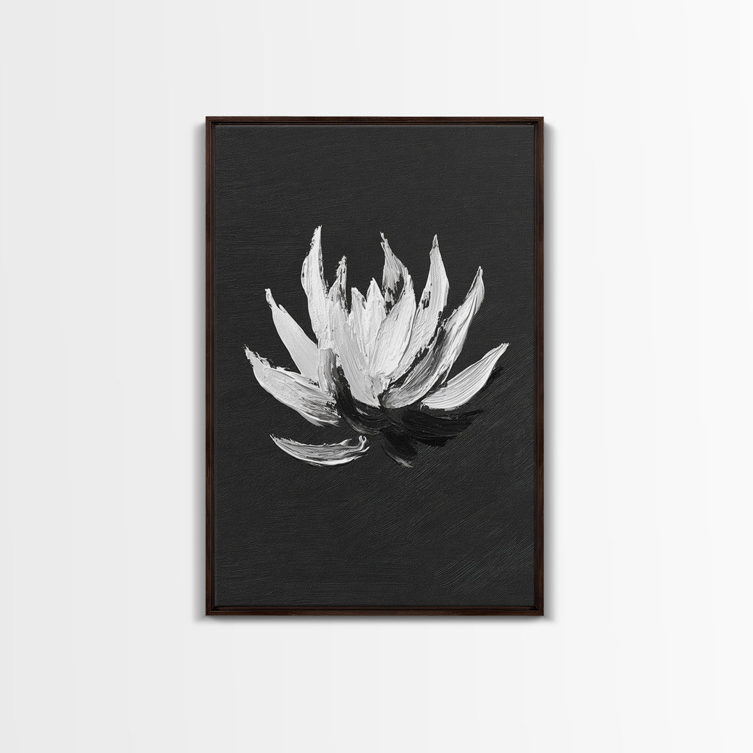 Black and White Oil Painting of Lotus Flower Minimalist Wall Art Original Canvas Print for Modern Home Decor