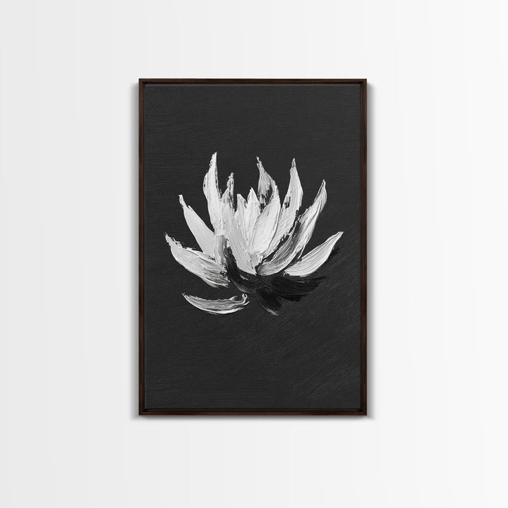 Black and White Oil Painting of Lotus Flower Minimalist Wall Art Original Canvas Print for Modern Home Decor