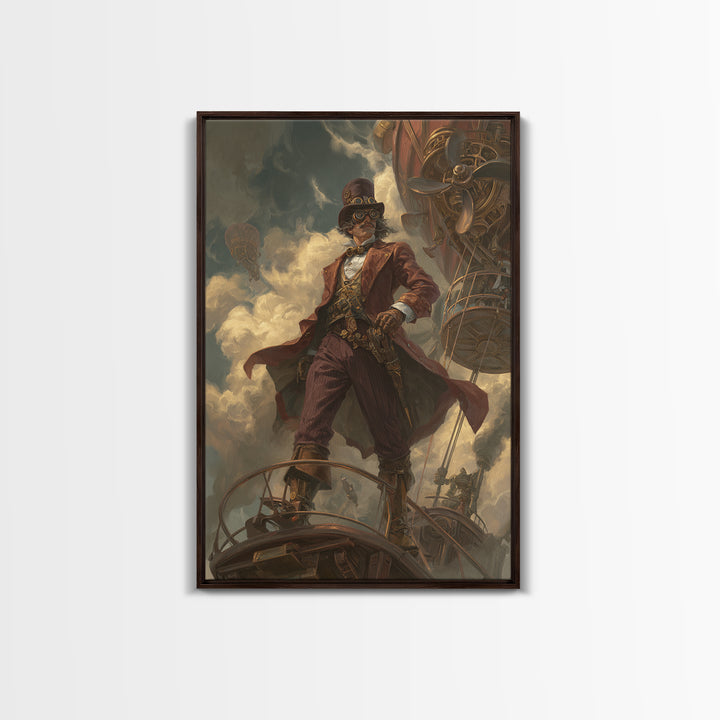 Airship Captain In Storm Clouds Canvas Print, Steampunk Fantasy Art, Industrial Wall Decor, Masculine Office Decor, Gift For Him