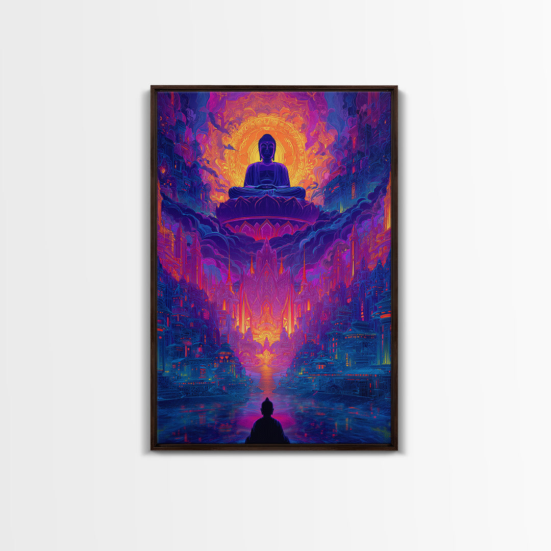 Vibrant Spiritual Buddha Cityscape With Radiant Glow Wall Art Modern Home Decor