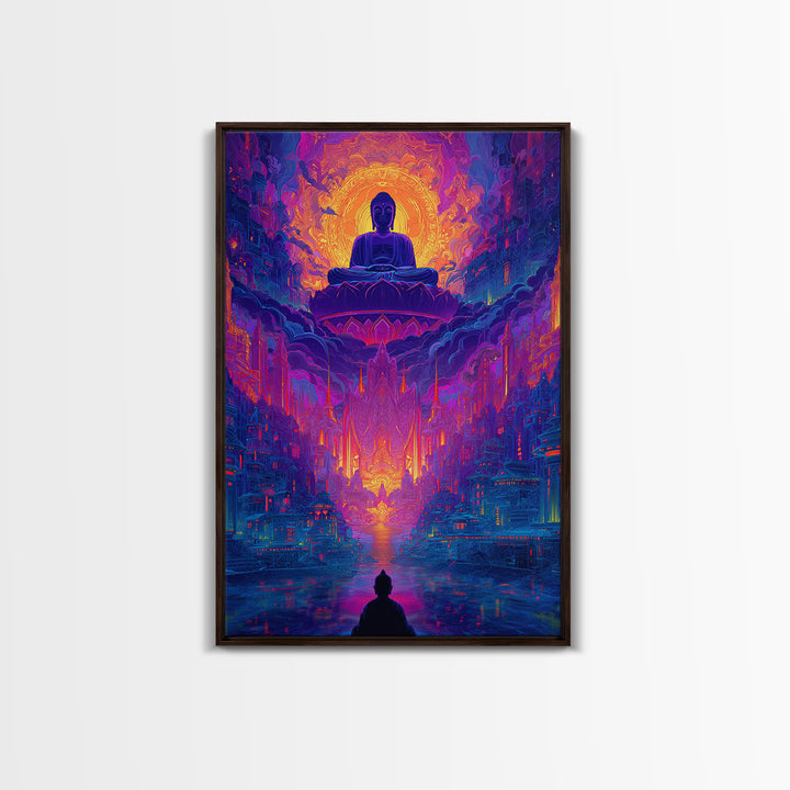 Vibrant Spiritual Buddha Cityscape With Radiant Glow Wall Art Modern Home Decor