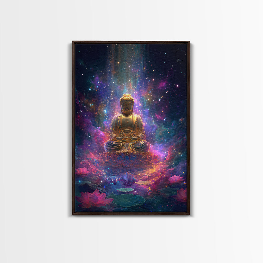 Colorful Glowing Golden Buddha In Cosmic Space Spiritual Wall Art Framed Canvas Print For Home