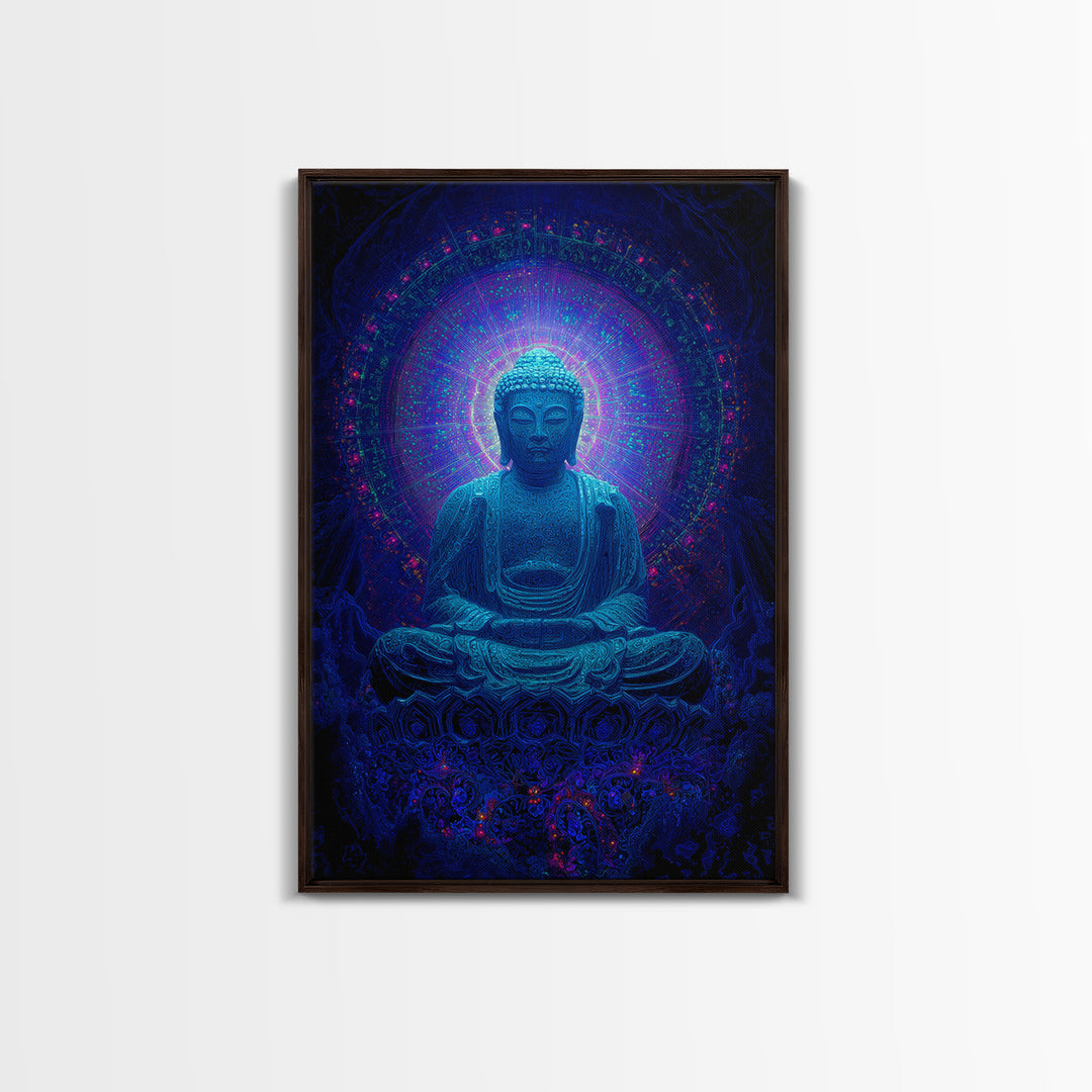 Mystical Blue Buddha Statue With Radiant Halo Spiritual Wall Art Framed Canvas Print For Meditation Room Decor