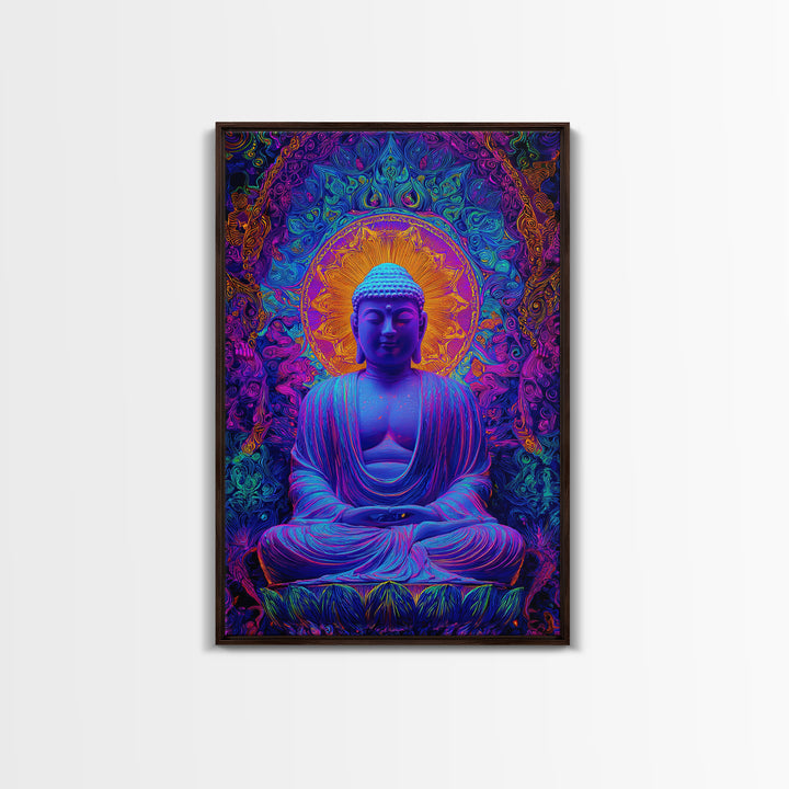 Vibrant Psychedelic Buddha Meditation Digital Painting Modern Wall Art Framed Canvas Print Spiritual Decor