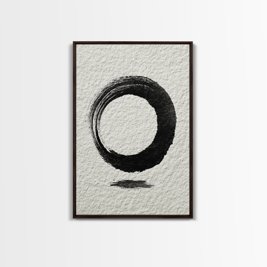 Minimalist Black Ink Circle Zen Enso Brushstroke Wall Art On Textured Paper Abstract Art Framed Canvas Print For Home Office Decor