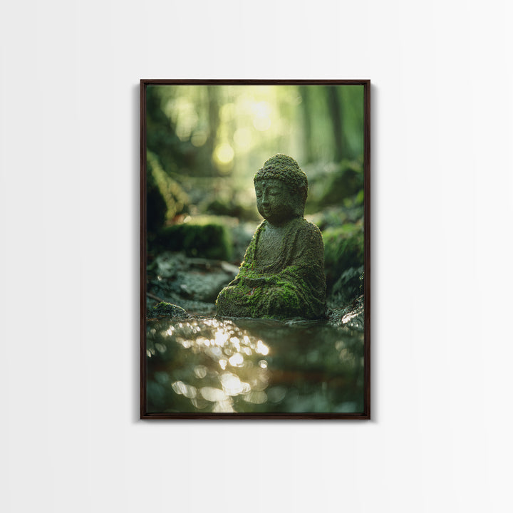 Serene Moss covered Buddha Statue Meditation Forest Wall Art Framed Canvas Print For Zen Home Decor