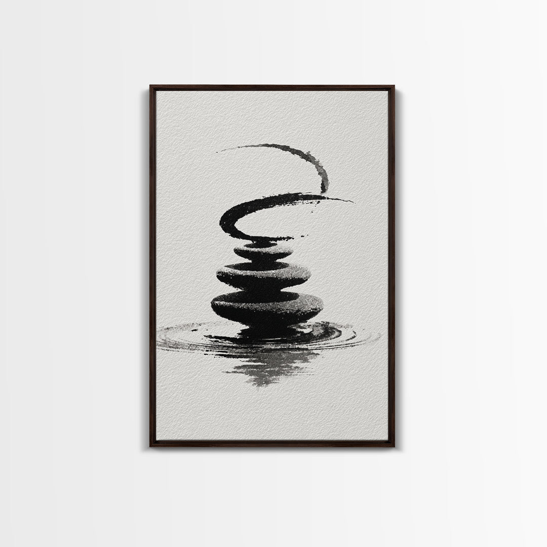 Zen Black And White Inkwash Painting Of Stacked Stones With Circle And Ripples Minimalist Wall Art For Office Decor Canvas Print
