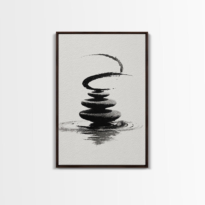 Zen Black And White Inkwash Painting Of Stacked Stones With Circle And Ripples Minimalist Wall Art For Office Decor Canvas Print