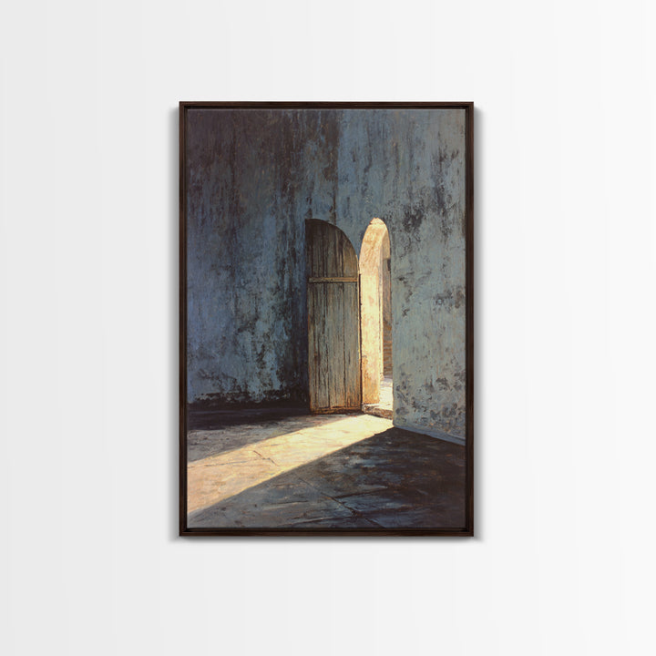 Sunlit Rustic Wooden Doorway In Textured Blue Wall Original Oil Painting Wall Art Framed Canvas Print Historic Architectural Art Print