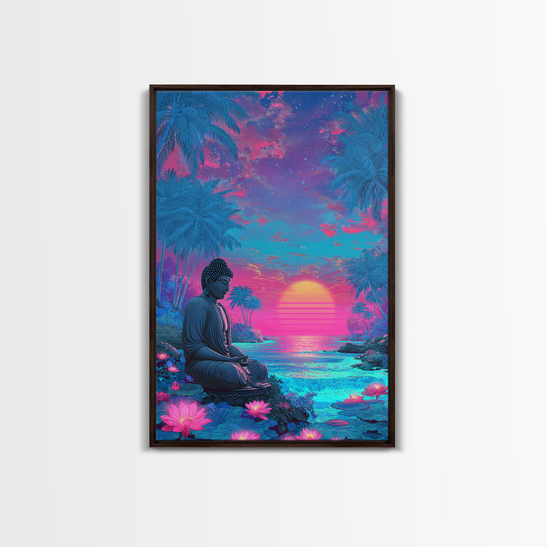 Vibrant Sunlit Buddha Amid Tropical Plants Calm Spiritual Wall Art Canvas Print For Meditation Room or Bedroom Decor
