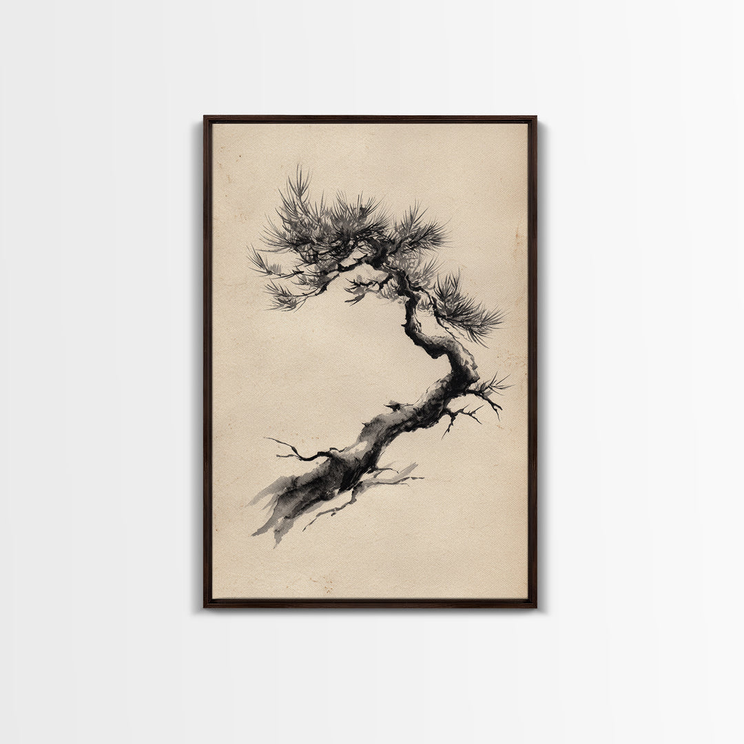 Elegant Black Ink Brush Style Bonsai Tree On Textured Natural Paper Minimalist Botanical Wall Art Print