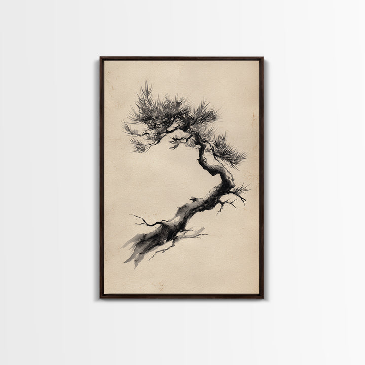 Elegant Black Ink Brush Style Bonsai Tree On Textured Natural Paper Minimalist Botanical Wall Art Print