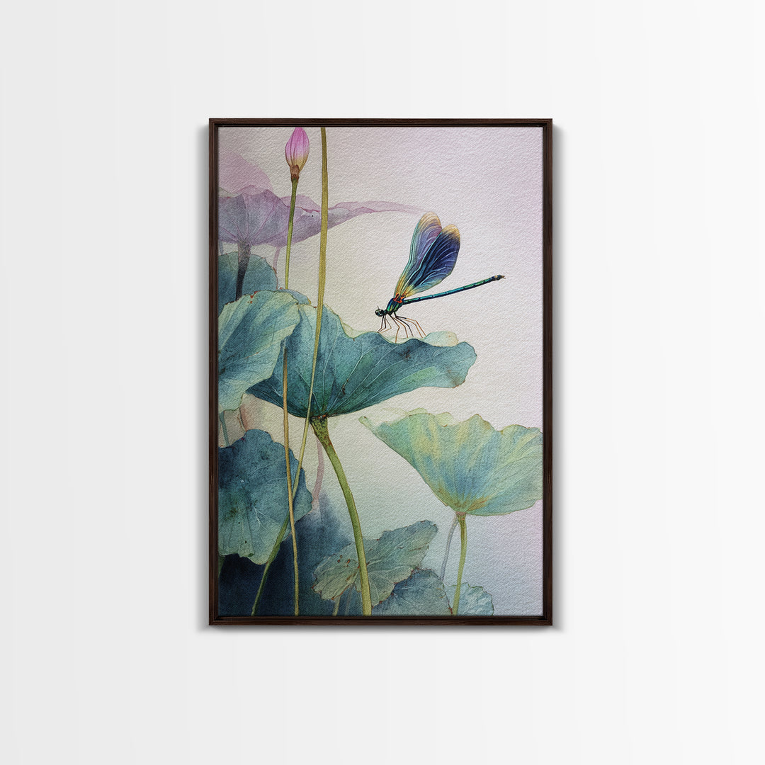 Elegant Watercolor Painting Of Dragonfly On Lotus Leaves With Soft Pastel Background Abstract Art Print Wall Art
