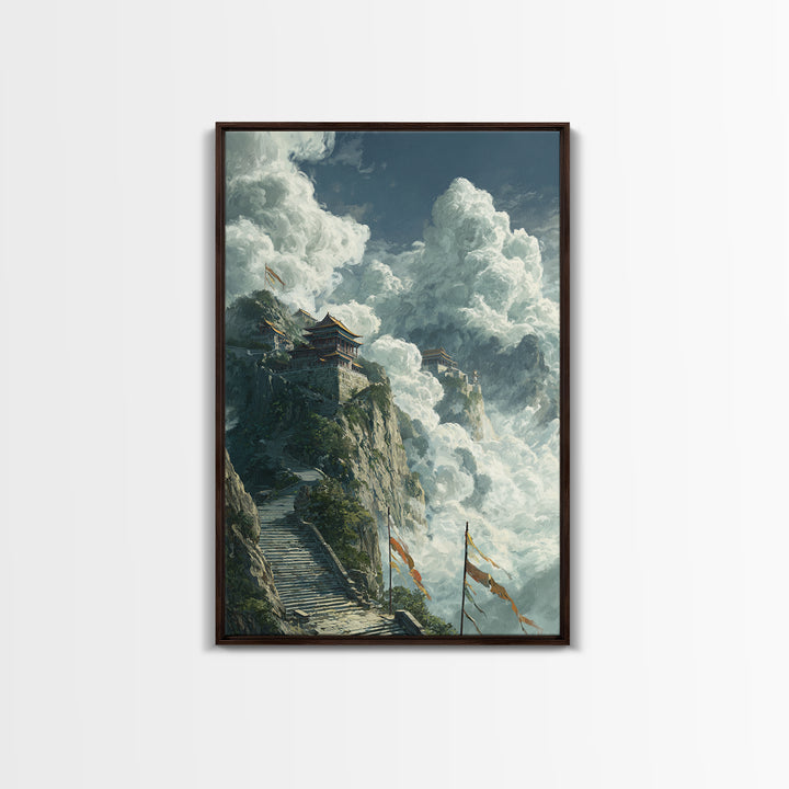 Epic Mountainous Landscape With Towering Clouds And Ancient Temple Original Scenic Wall Art Framed Canvas Print Dramatic Nature Painting