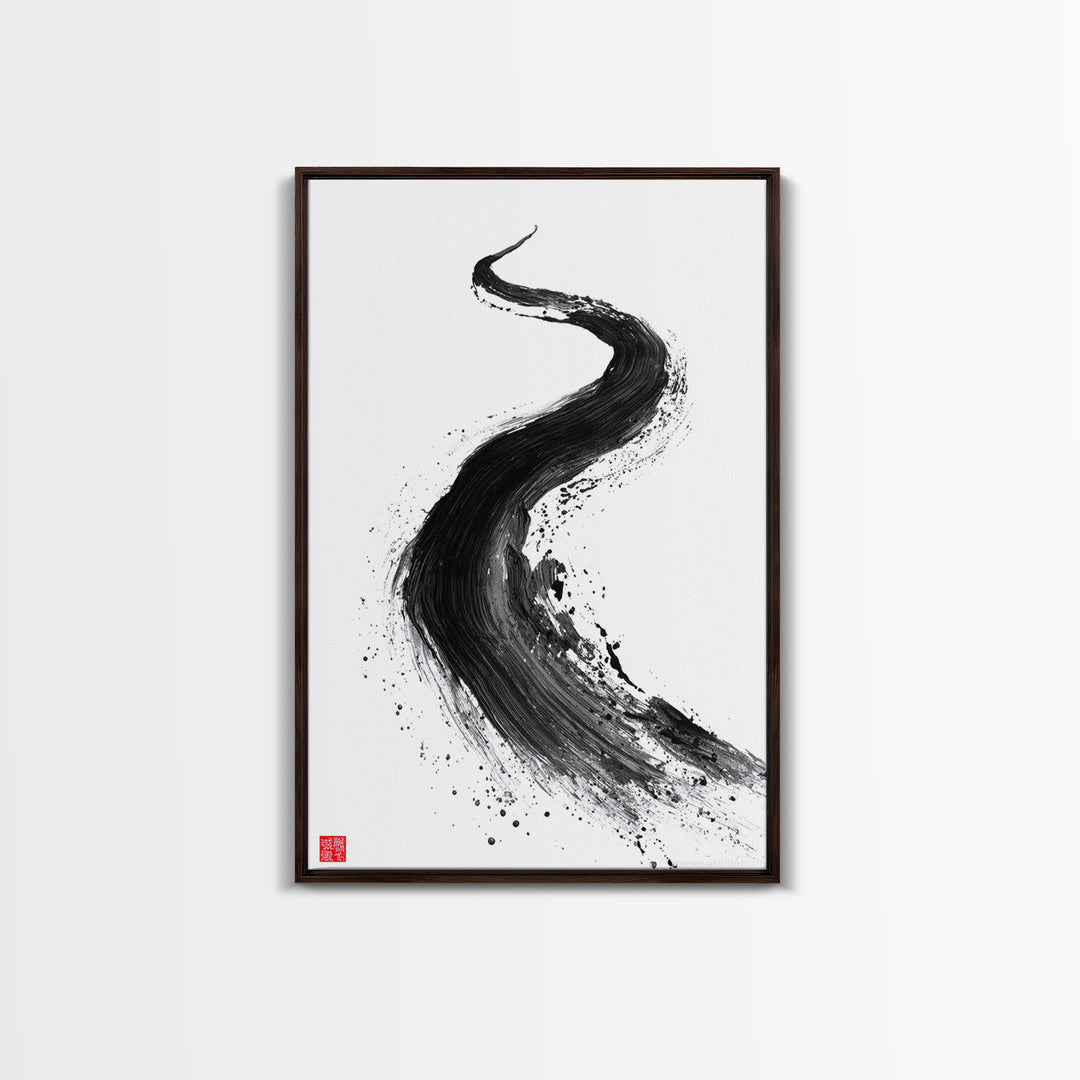 Dynamic Abstract Black Ink Brush Stroke Flow Calligraphy Art Print Minimalist Wall Art For Modern Home Decor Framed Canvas Print