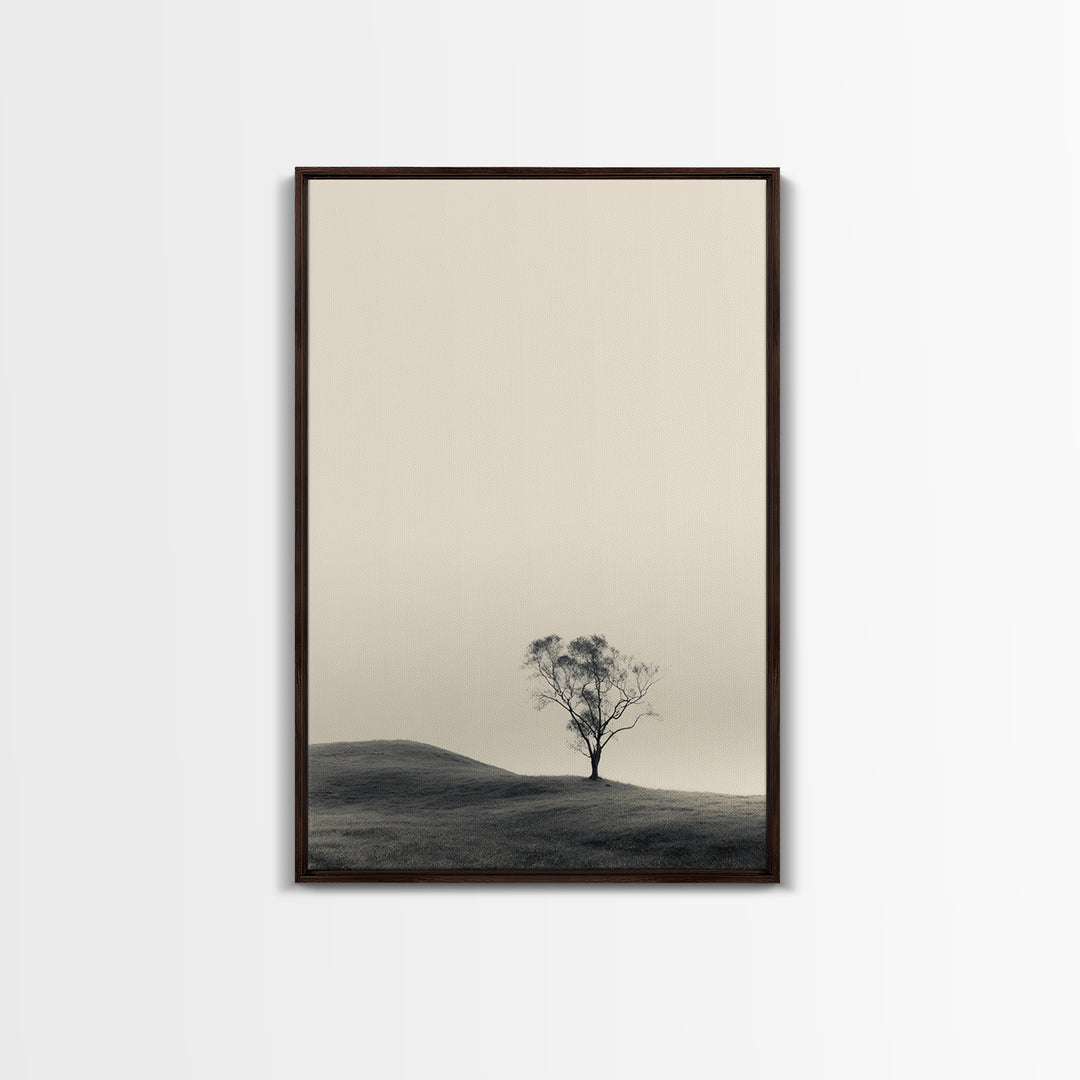 Solitary Tree Landscape Black White Minimalist Nature Wall Art Print Framed Canvas Print For Modern Home Decor