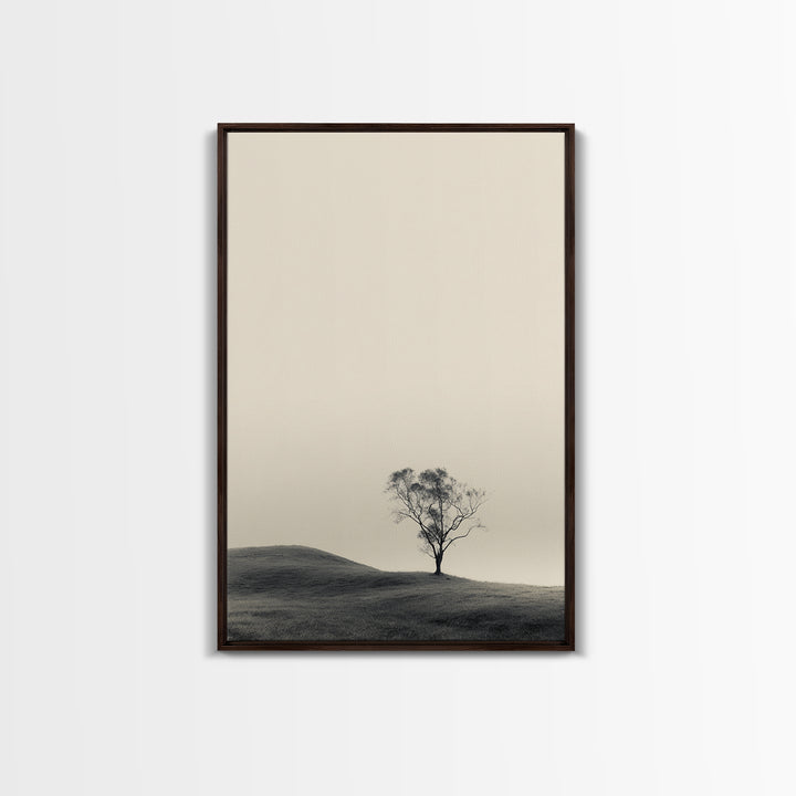 Solitary Tree Landscape Black White Minimalist Nature Wall Art Print Framed Canvas Print For Modern Home Decor