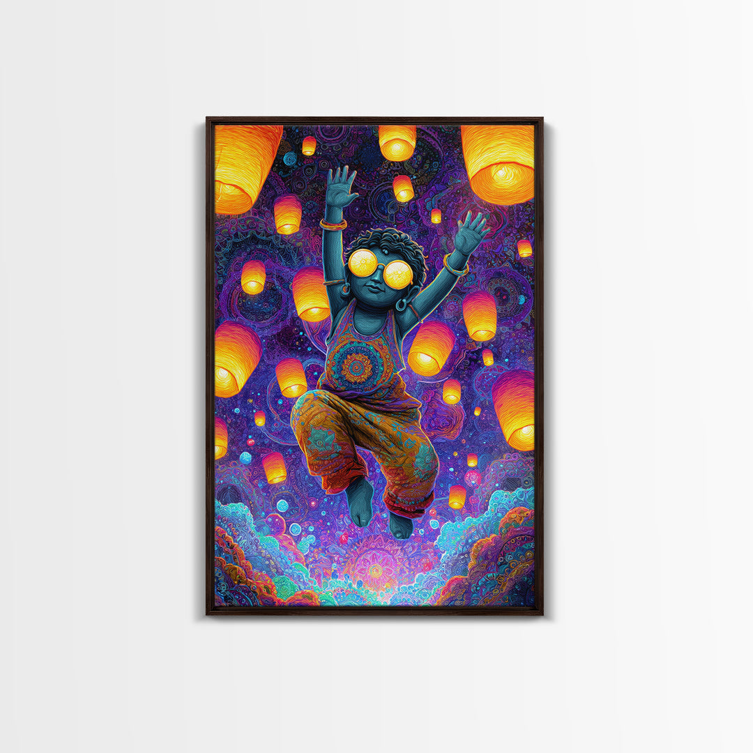 Joyful Blue Child With Lanterns Colorful Abstract Painting Wall Art For Kids Room