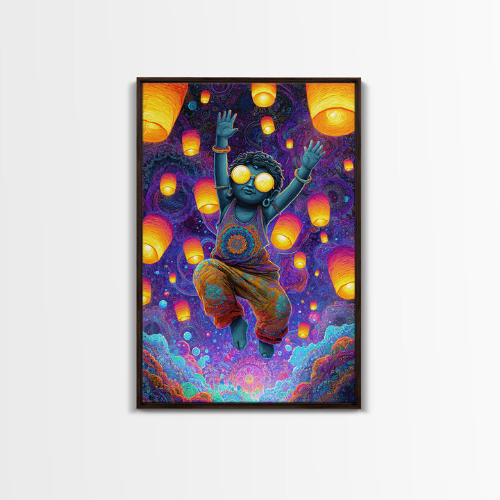Joyful Blue Child With Lanterns Colorful Abstract Painting Wall Art For Kids Room