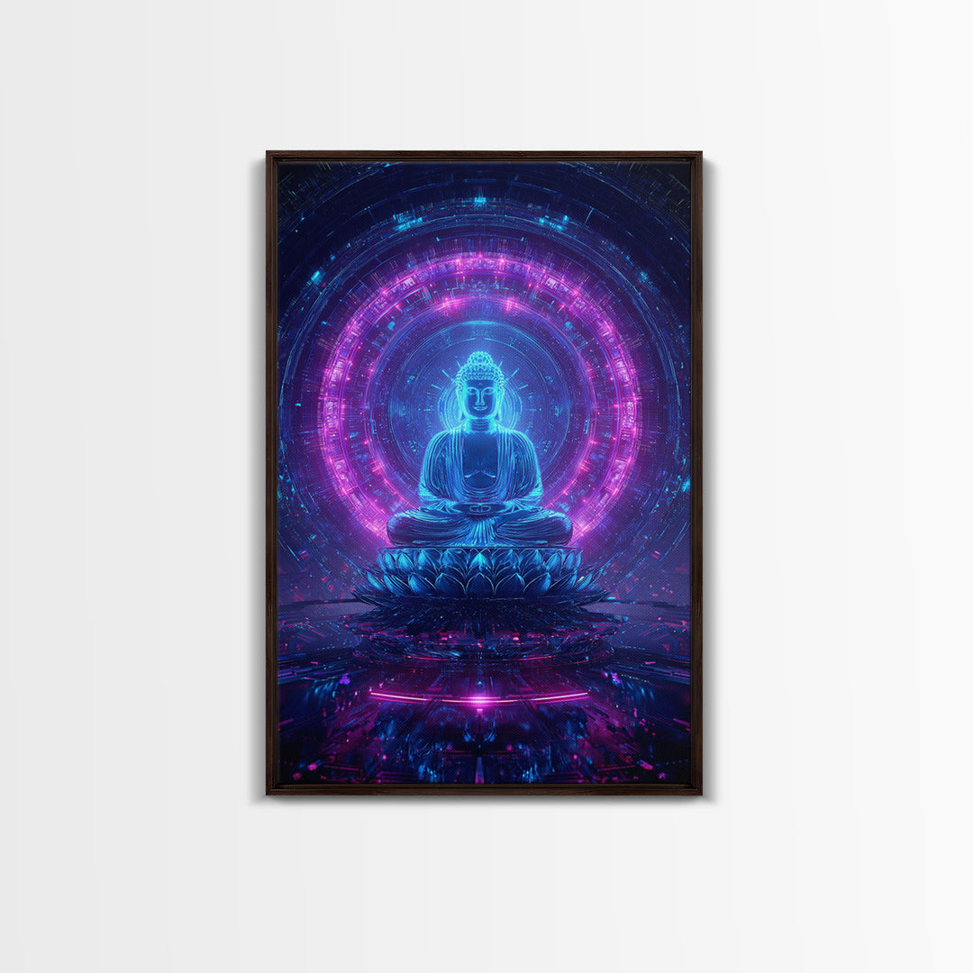 Futuristic Buddha Neon Cyber Meditation Spiritual Wall Art Framed Canvas Print for Modern Zen Home Decor