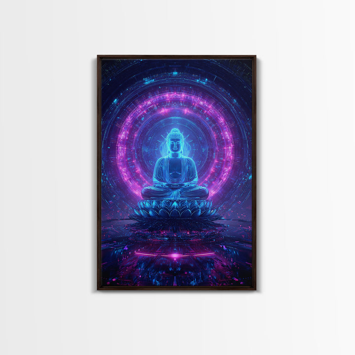 Futuristic Buddha Neon Cyber Meditation Spiritual Wall Art Framed Canvas Print for Modern Zen Home Decor