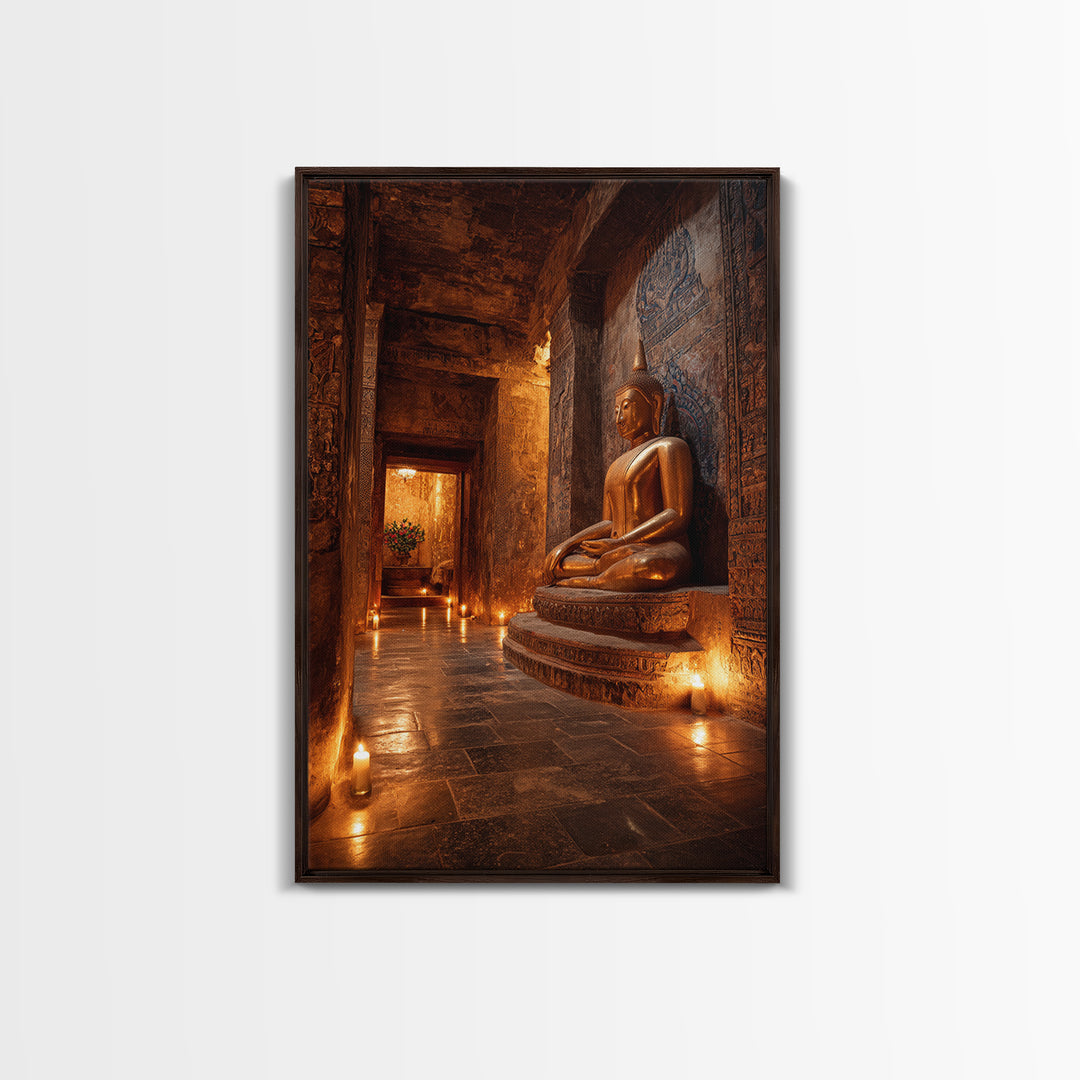 Ancient Temple Buddha Statue Lit By Candlelight Mystical Wall Art Canvas Print Sacred Asian Home Decor