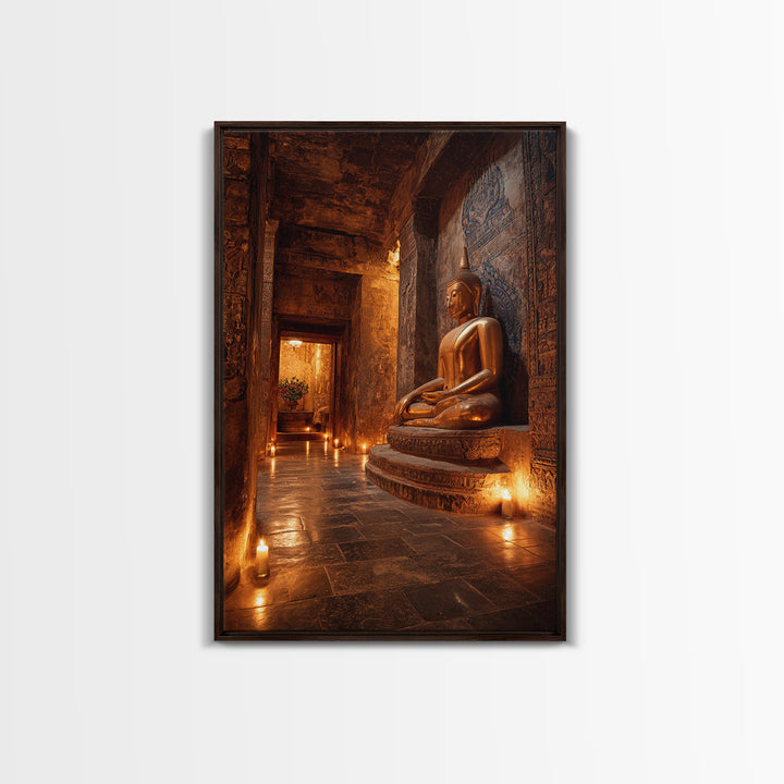 Ancient Temple Buddha Statue Lit By Candlelight Mystical Wall Art Canvas Print Sacred Asian Home Decor