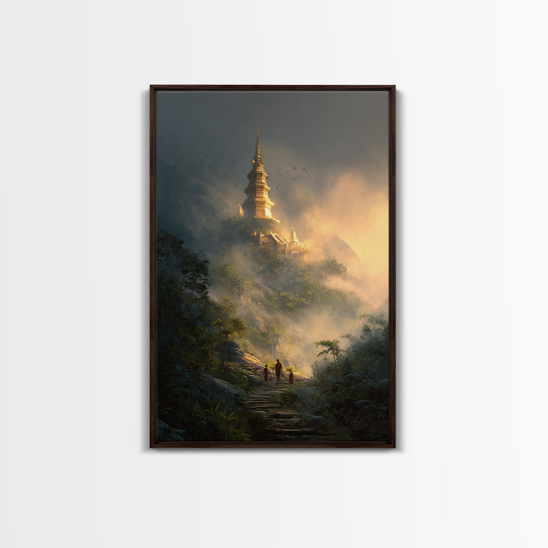 Mystical Misty Mountain Temple Landscape Wall Art Canvas Print For Spiritual Home Decor And Calming Living Room Decoration