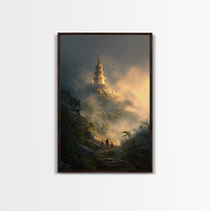 Mystical Misty Mountain Temple Landscape Wall Art Canvas Print For Spiritual Home Decor And Calming Living Room Decoration