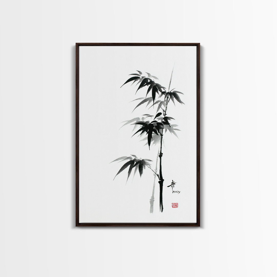 Traditional Black Ink Bamboo Painting Canvas Print, Japanese Sumi-e Style Wall Art, Elegant Minimalist Home Decor