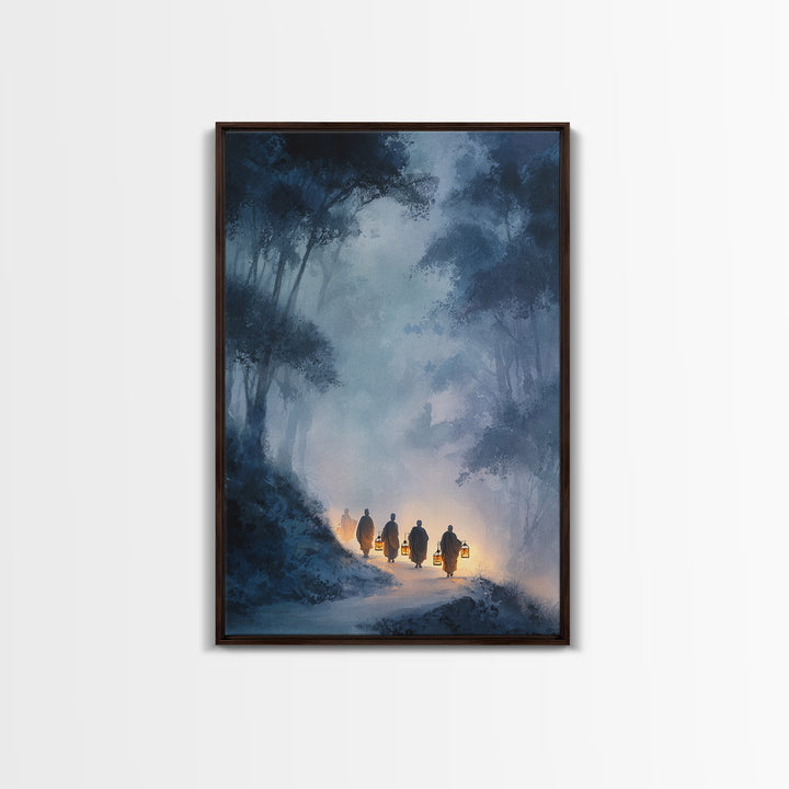 Mystical Buddhist Monks Carrying Lanterns Through Misty Forest Path Wall Art Print For Tranquil Home Decor