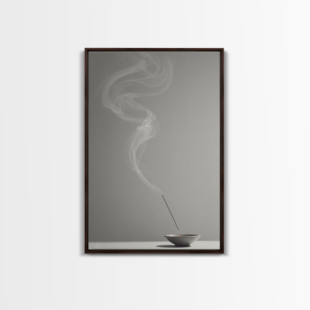Mystical Incense Stick With Smoke Swirls On Minimalist Gray Background Canvas Print For Relaxation Spaces