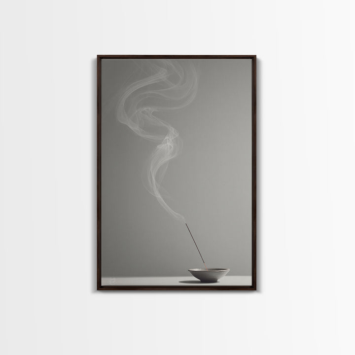 Mystical Incense Stick With Smoke Swirls On Minimalist Gray Background Canvas Print For Relaxation Spaces