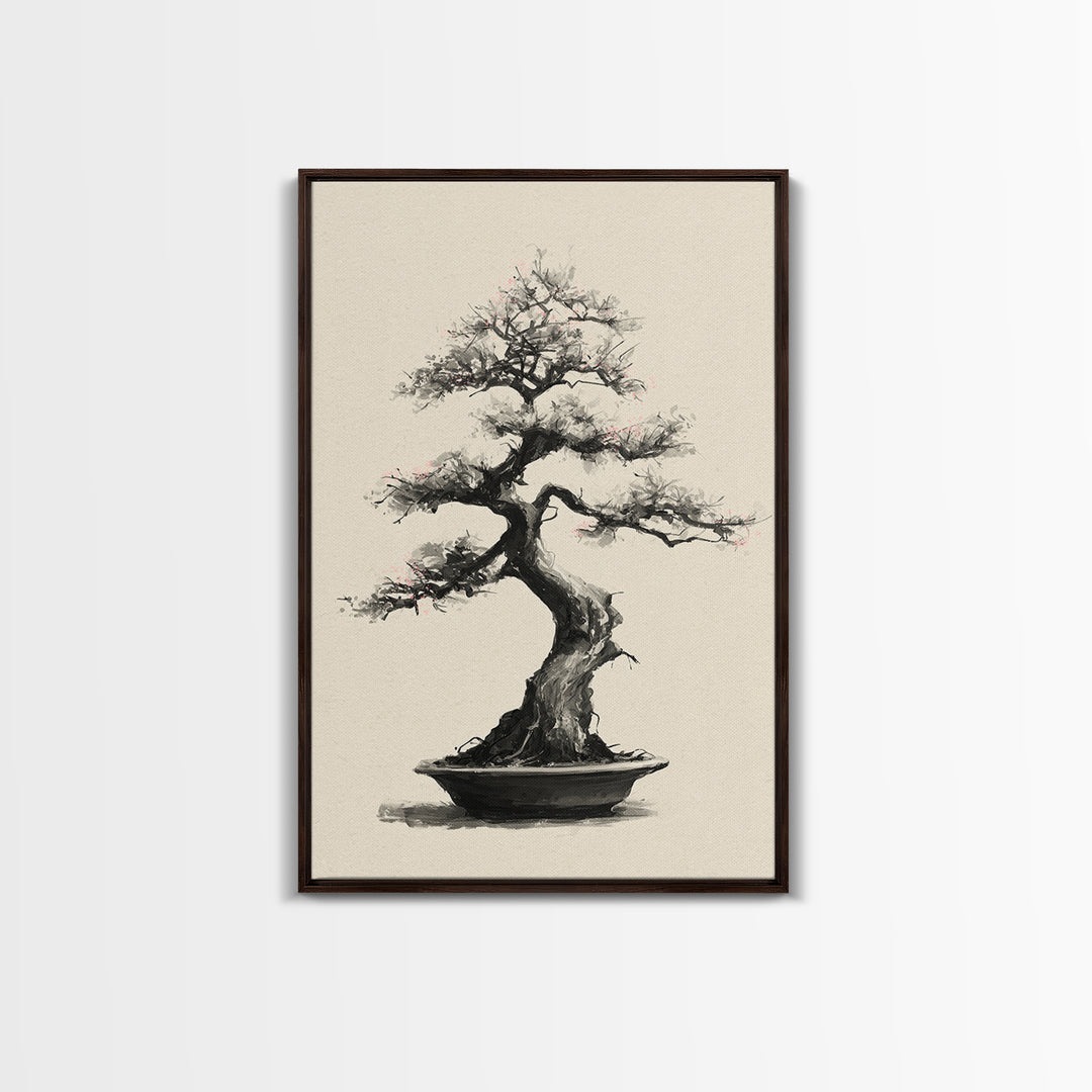 Delicate Bonsai Tree Traditional Ink Style Painting Wall Art Framed Canvas Print For Japanese Inspired Home Decor