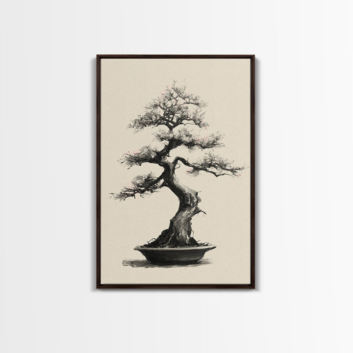 Delicate Bonsai Tree Traditional Ink Style Painting Wall Art Framed Canvas Print For Japanese Inspired Home Decor