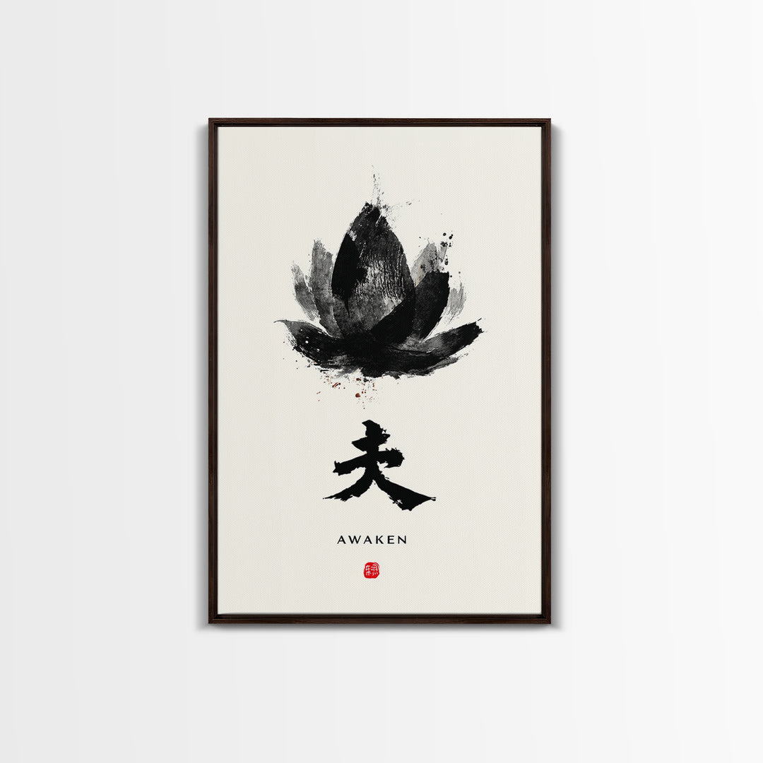 Abstract Black Lotus Flower Zen Awaken Japanese Calligraphy Painting Wall Art Framed Canvas Print Minimalist Home Decor