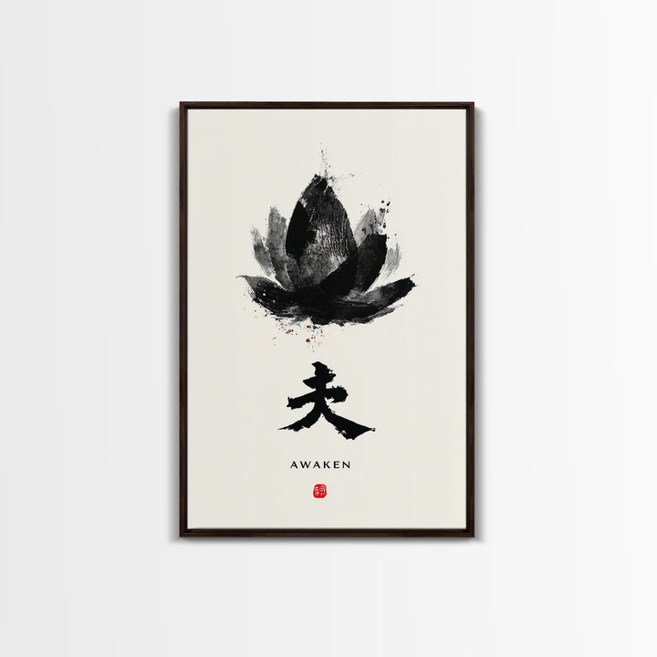 Abstract Black Lotus Flower Zen Awaken Japanese Calligraphy Painting Wall Art Framed Canvas Print Minimalist Home Decor