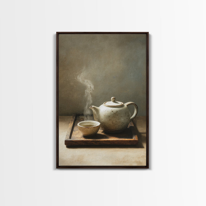 Minimalist Still Life With White Ceramic Teapot And Cup Steam Rising Wall Art Print Modern Canvas Print