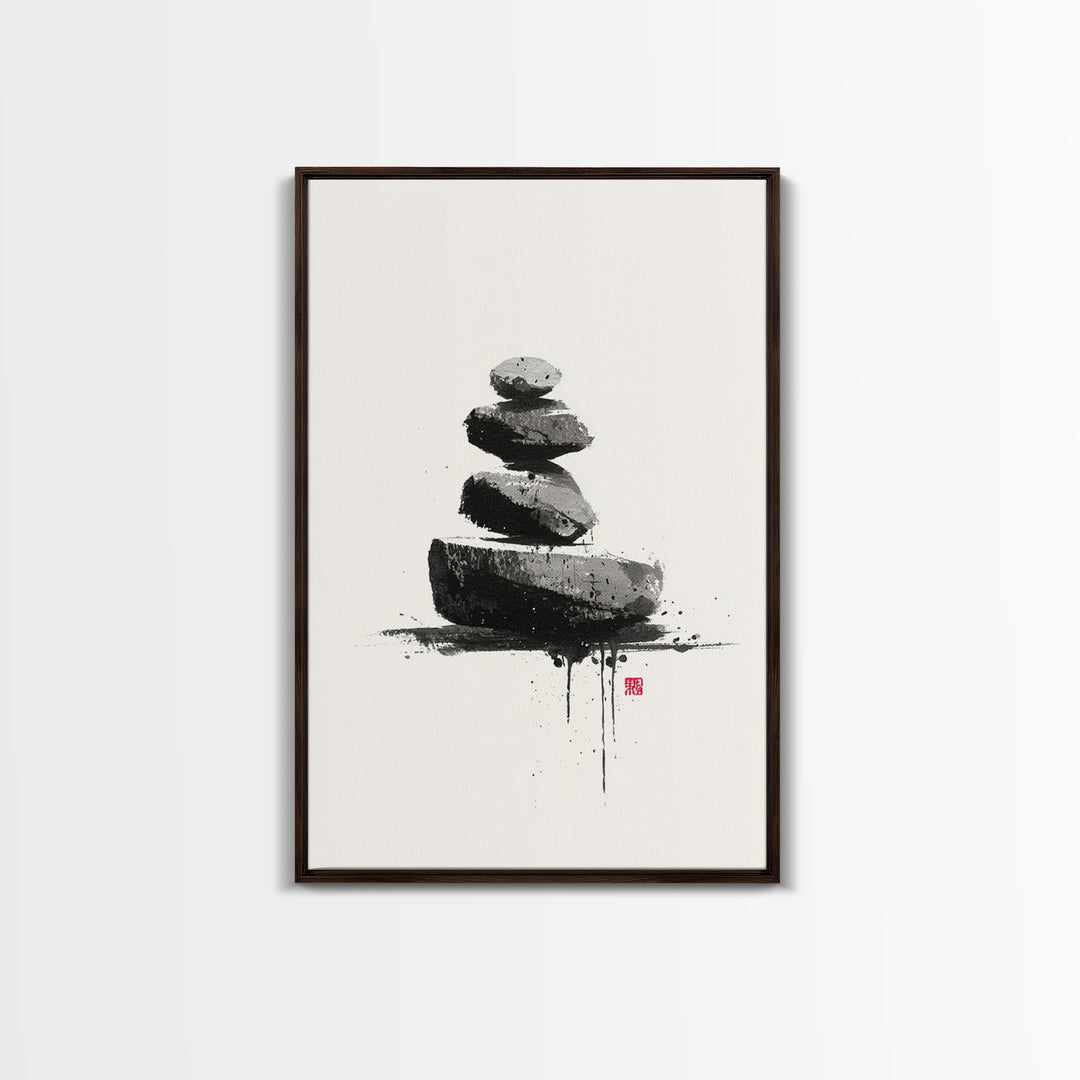 Zen Rock Balancing Japanese Ink Style Minimalist Wall Art Black And White Canvas Print For Modern Home Decor