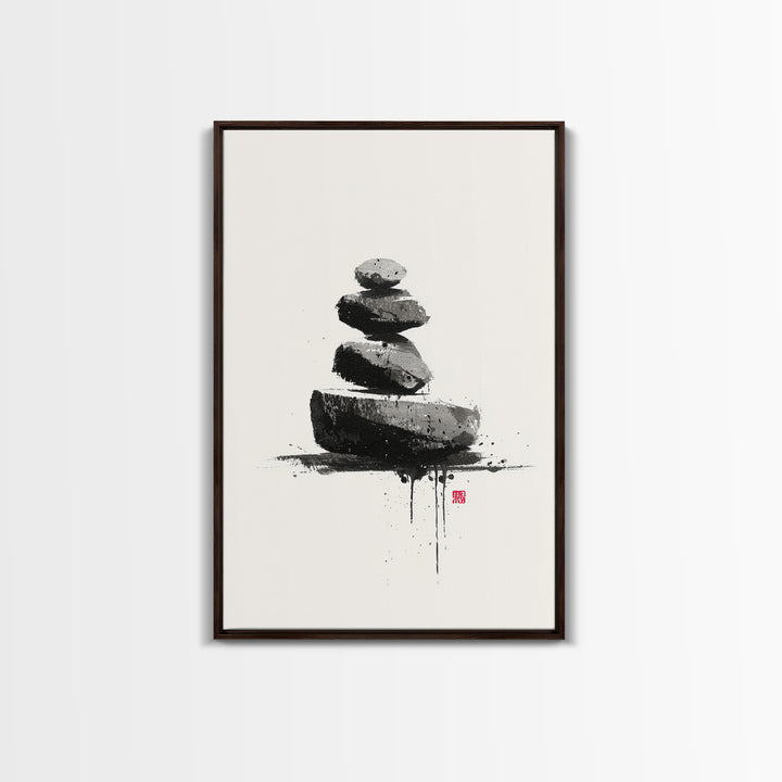 Zen Rock Balancing Japanese Ink Style Minimalist Wall Art Black And White Canvas Print For Modern Home Decor