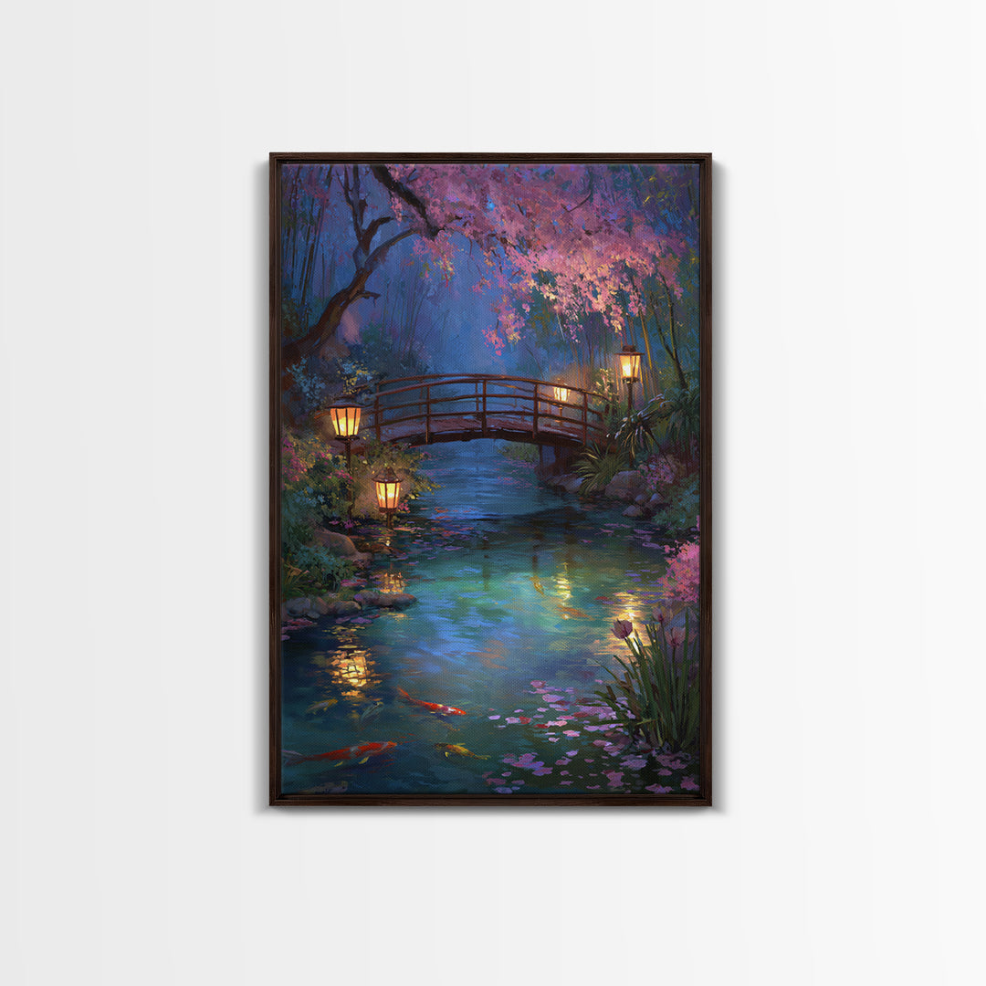Serene Bridge Overpond With Glowing Lanterns And Koi Fish Wall Art Framed Canvas Print For Tranquil Home Decor