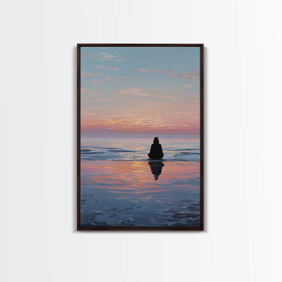 Serene Woman Meditating Beach Sunset Oil Painting Modern Wall Art Framed Canvas Print Peaceful Home Decor