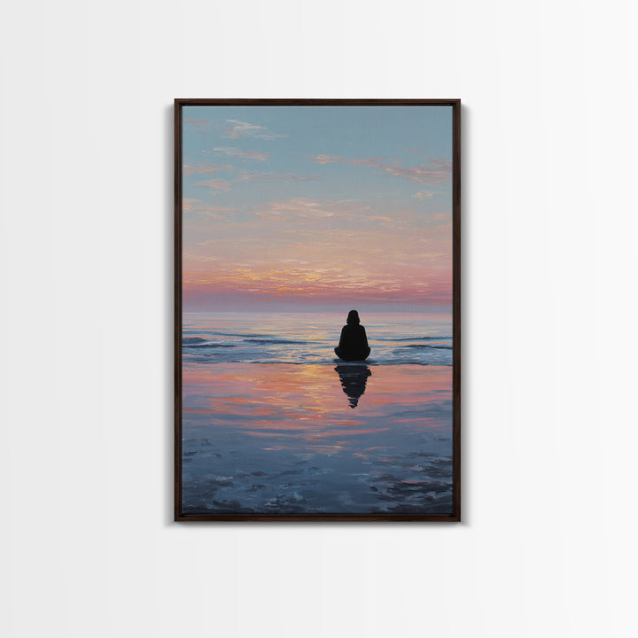 Serene Woman Meditating Beach Sunset Oil Painting Modern Wall Art Framed Canvas Print Peaceful Home Decor
