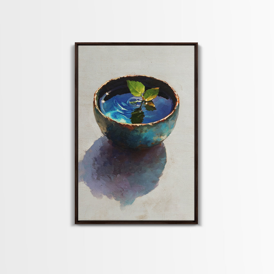 Rustic Blue Pottery Bowl With Leaf Reflection Oil Painting Framed Canvas Print For Home Decor And Wall Art