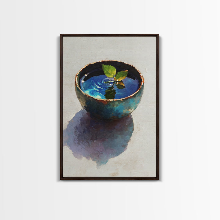 Rustic Blue Pottery Bowl With Leaf Reflection Oil Painting Framed Canvas Print For Home Decor And Wall Art