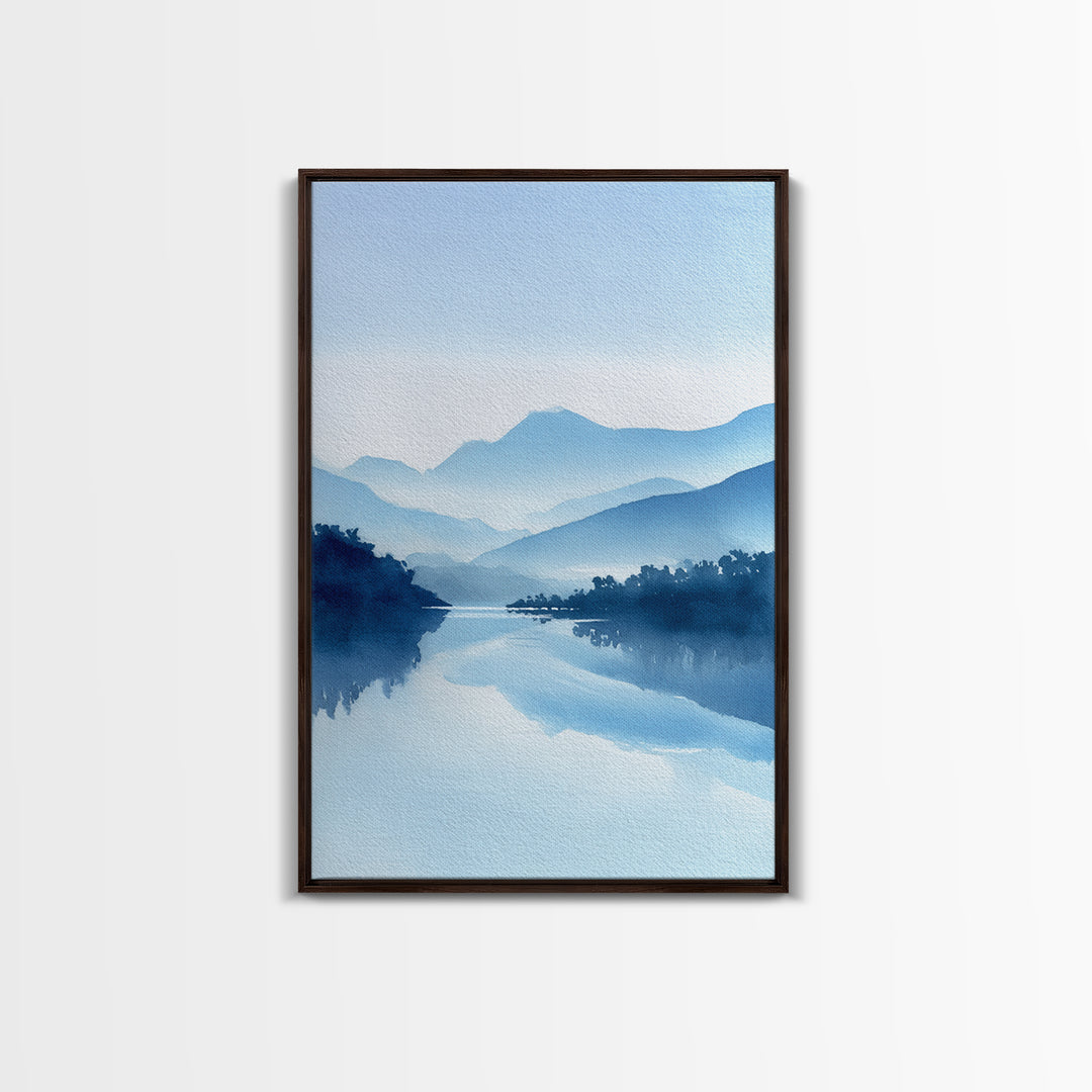 Tranquil Blue Mountain Landscape Painting Watercolor Style Canvas Print For Minimalist Bedroom And Office