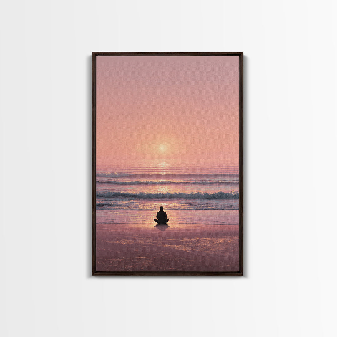 Meditative Seaside Sunset With Silhouette Sitting On Beach Wall Art Beautiful Ocean Canvas Print For Zen Home Decor
