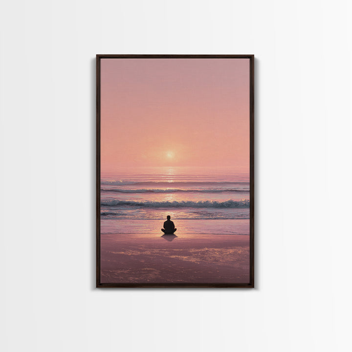 Meditative Seaside Sunset With Silhouette Sitting On Beach Wall Art Beautiful Ocean Canvas Print For Zen Home Decor
