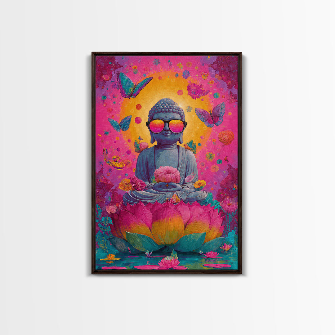 Futuristic Cityscape At Night With Neon Light Grid And Massive Pink Sun Vibrant Digital Artwork Canvas Print For Modern Office Decor